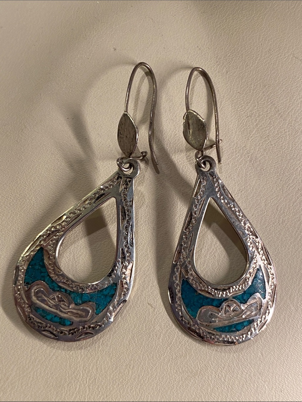 Vintage 1998 Kit Heath Sterling Silver Turquoise Inlay Drop Earrings